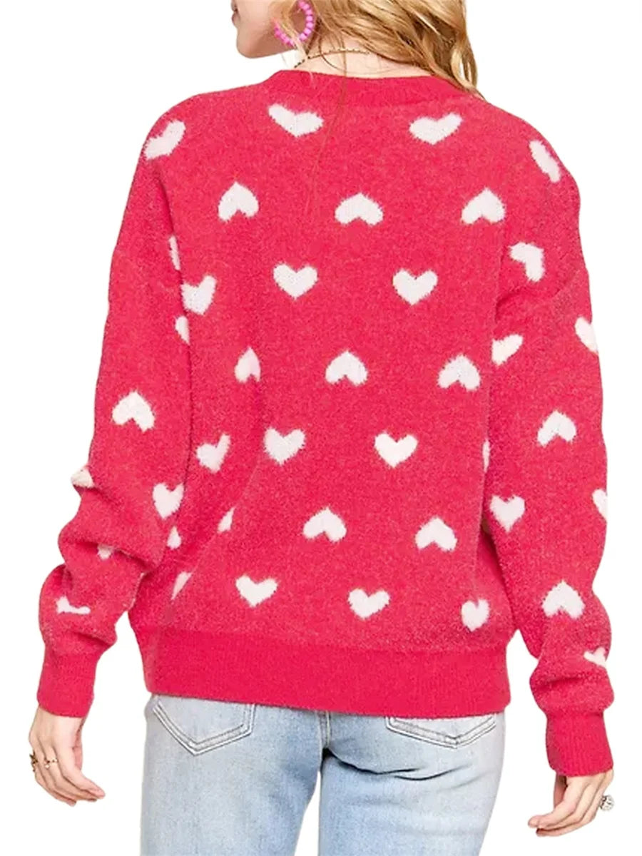 Women s Valentine s Day Knit Sweater Red Long Sleeve Round Neck Heart Print Knitwear