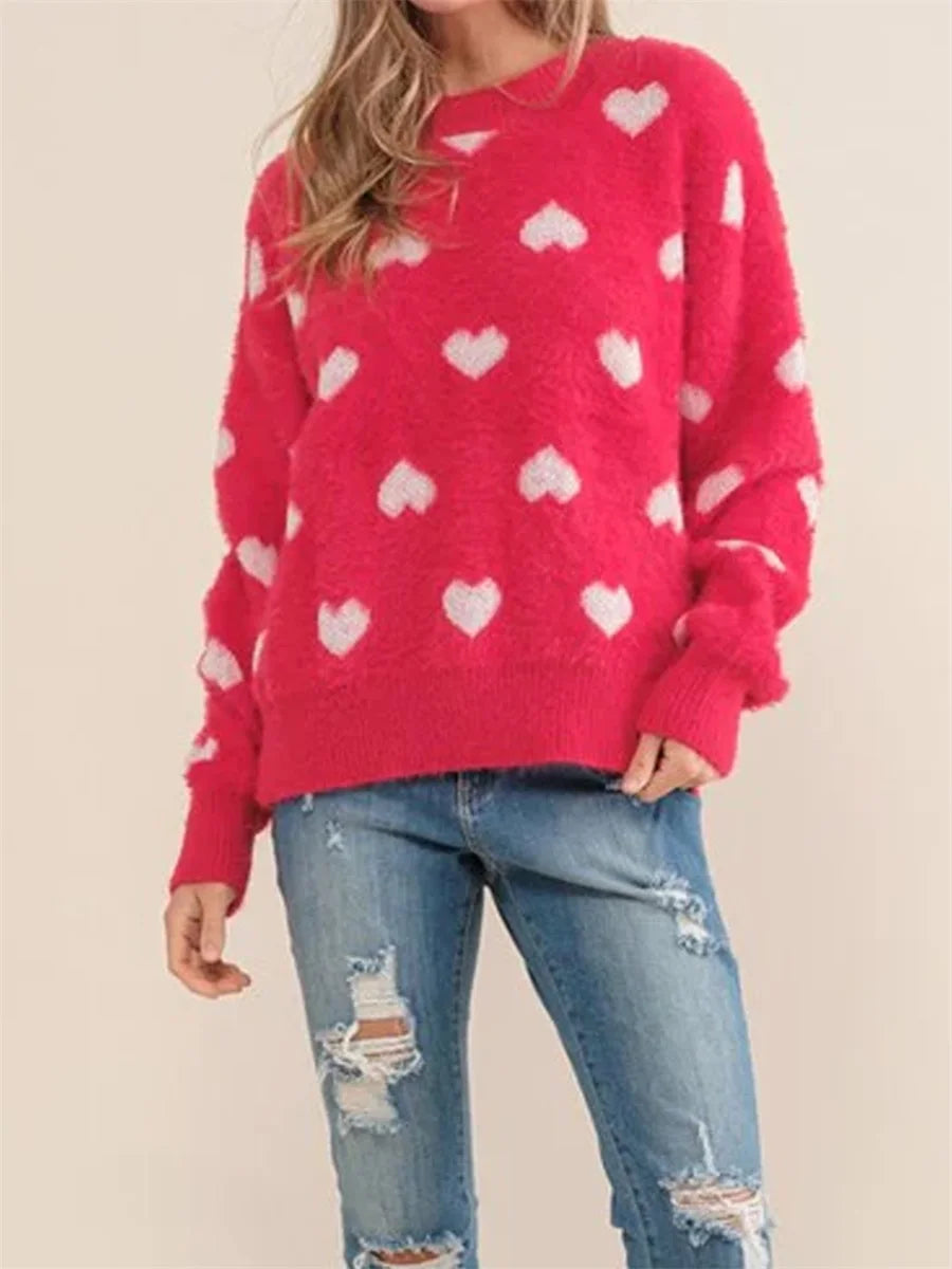 Women s Valentine s Day Knit Sweater Red Long Sleeve Round Neck Heart Print Knitwear