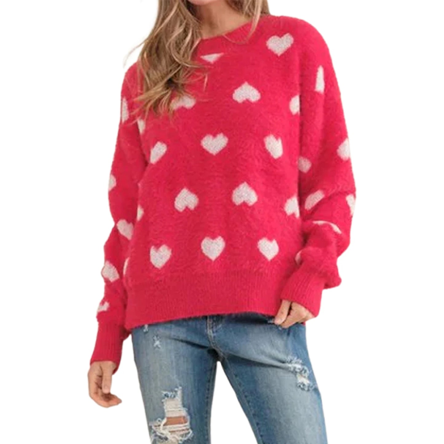 Women s Valentine s Day Knit Sweater Red Long Sleeve Round Neck Heart Print Knitwear