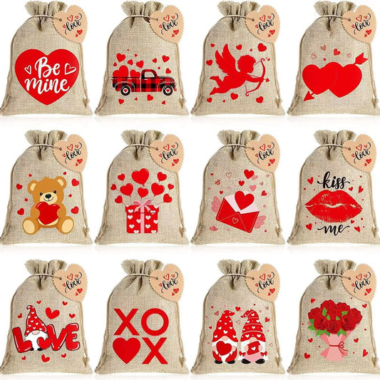 1Pcs Valentine’s Day Linen Drawstring Bags Candy Biscuits Pouchs Burlap Jewelry Storage Bags Wedding Favors Gift Packaging Bags