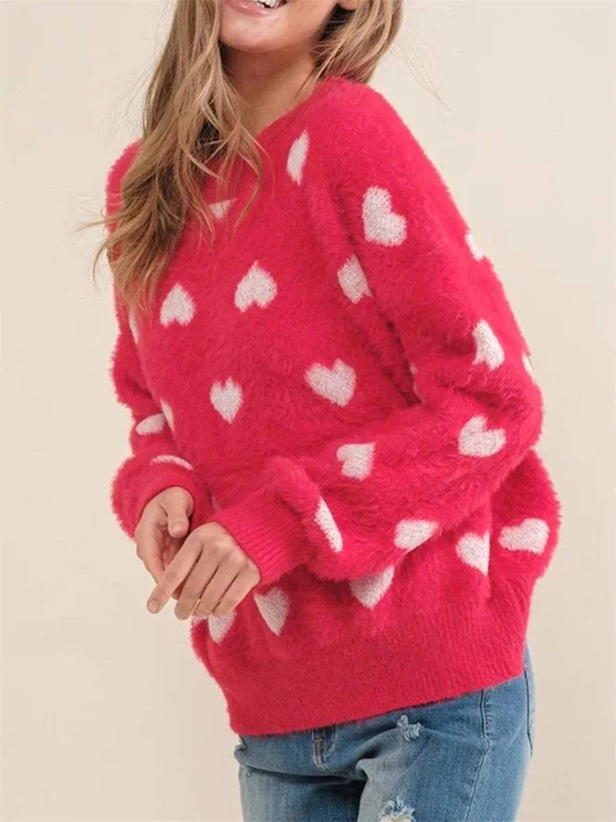 Women s Valentine s Day Knit Sweater Red Long Sleeve Round Neck Heart Print Knitwear