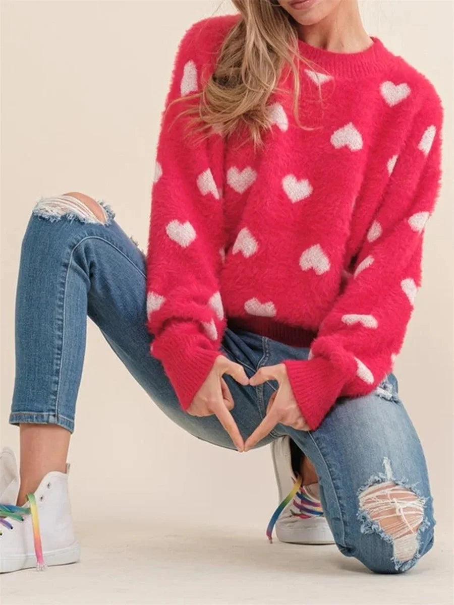 Women s Valentine s Day Knit Sweater Red Long Sleeve Round Neck Heart Print Knitwear