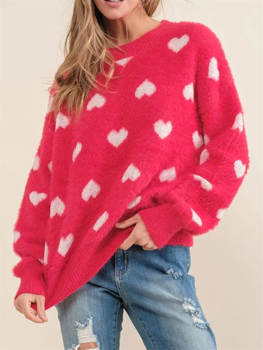 Women s Valentine s Day Knit Sweater Red Long Sleeve Round Neck Heart Print Knitwear